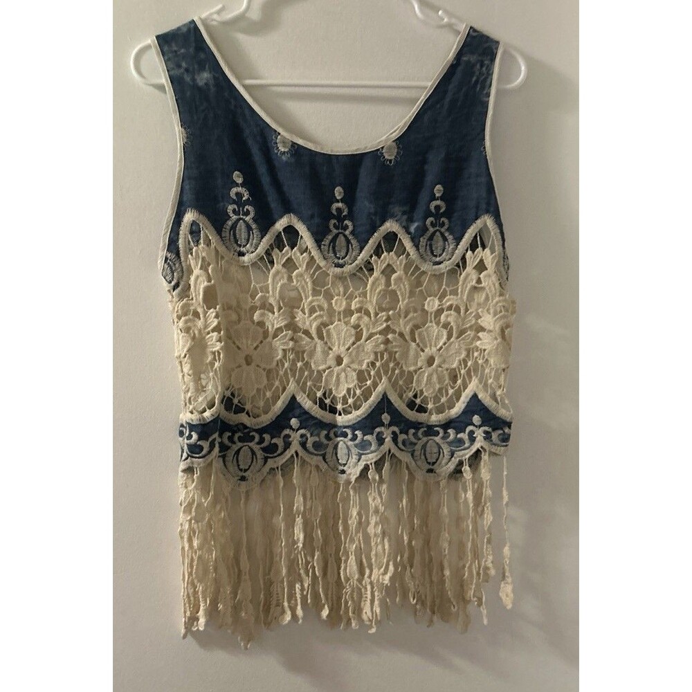 Designed In Italy. ITOO Blue Dye Ivory Crochet Fringe Coachella Boho SLace Top S